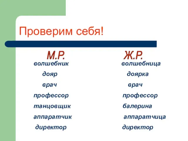 Проверим себя! волшебник волшебница дояр доярка врач врач профессор профессор танцовщик балерина