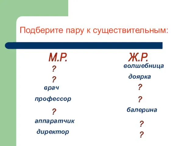 Подберите пару к существительным: волшебница доярка врач профессор балерина аппаратчик директор М.Р.