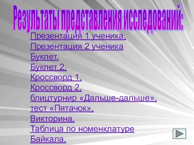 Результаты представления исследований: Презентация 1 ученика, Презентация 2 ученика Буклет, Буклет 2,