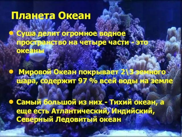 Планета Океан Суша делит огромное водное пространство на четыре части - это