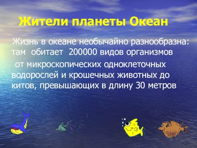 Жители планеты Океан Жизнь в океане необычайно разнообразна: там обитает 200000 видов