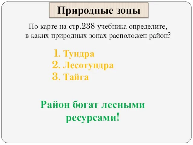 Природные зоны По карте на стр.238 учебника определите, в каких природных зонах