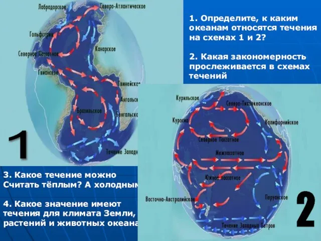 2 1. Определите, к каким океанам относятся течения на схемах 1 и