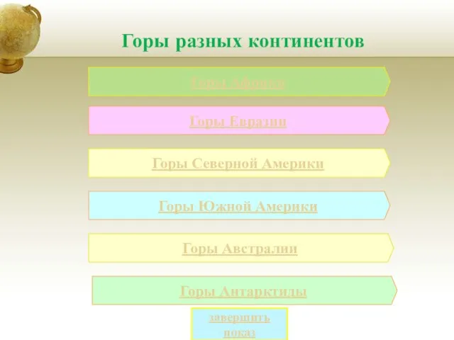 Горы разных континентов Горы Африки Горы Евразии Горы Северной Америки Горы Южной