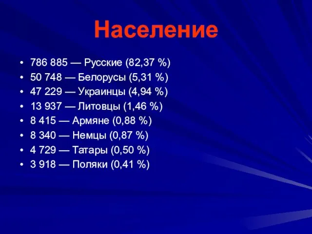 Население 786 885 — Русские (82,37 %) 50 748 — Белорусы (5,31