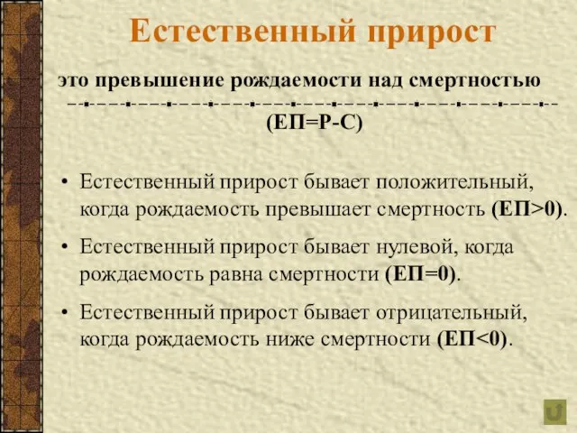 Естественный прирост это превышение рождаемости над смертностью (ЕП=Р-С) Естественный прирост бывает положительный,