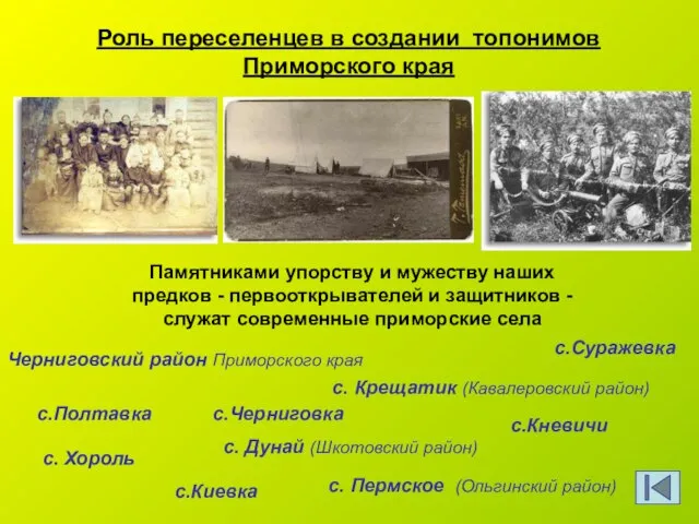 Роль переселенцев в создании топонимов Приморского края Памятниками упорству и мужеству наших