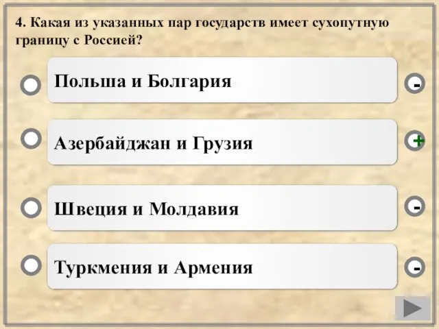 4. Какая из указанных пар государств имеет сухопутную границу с Россией? Азербайджан