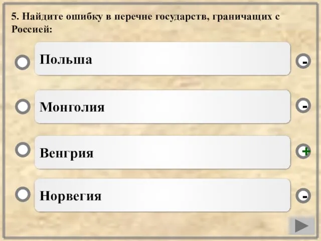 5. Найдите ошибку в перечне государств, граничащих с Россией: Венгрия Монголия Норвегия