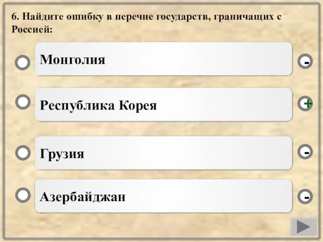 6. Найдите ошибку в перечне государств, граничащих с Россией: Республика Корея Грузия