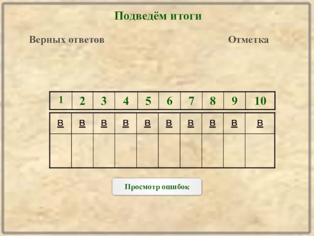 Подведём итоги Верных ответов Отметка Просмотр ошибок в в в в в