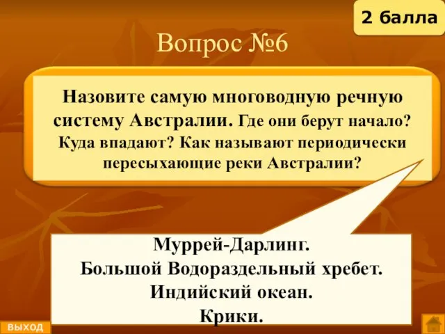 Вопрос №6 Муррей-Дарлинг. Большой Водораздельный хребет. Индийский океан. Крики. выход 2 балла