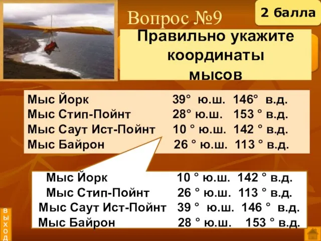 Вопрос №9 выход 2 балла Мыс Йорк 39° ю.ш. 146° в.д. Мыс