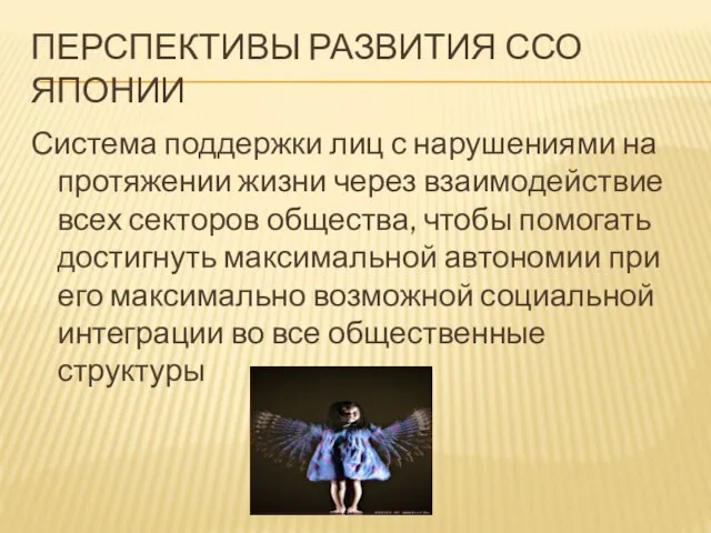 Перспективы развития ССО Японии Система поддержки лиц с нарушениями на протяжении жизни