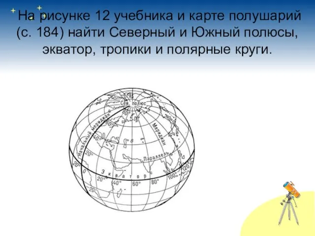 На рисунке 12 учебника и карте полушарий (с. 184) найти Северный и