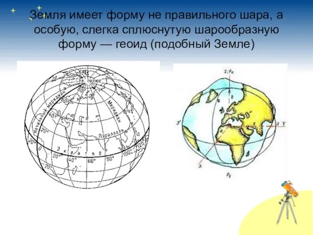 Земля имеет форму не правильного шара, а особую, слегка сплюснутую шарообразную форму — геоид (подобный Земле)