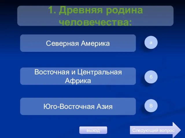 а б В 1. Древняя родина человечества: Северная Америка Восточная и Центральная