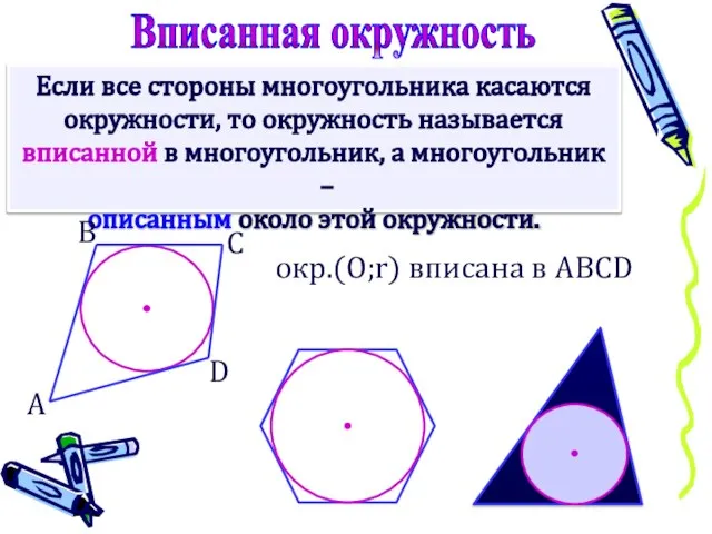 Если все стороны многоугольника касаются окружности, то окружность называется вписанной в многоугольник,