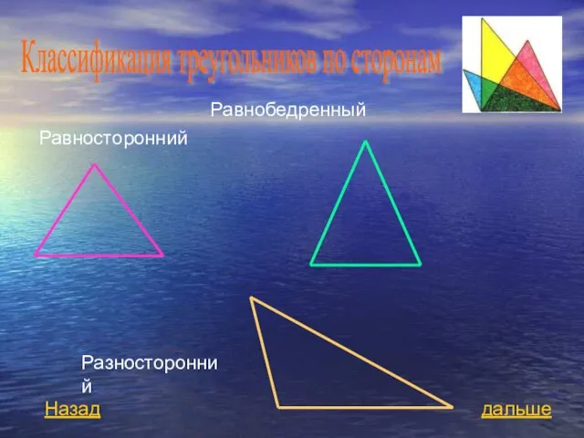 Равносторонний Равнобедренный Разносторонний Классификация треугольников по сторонам дальше Назад