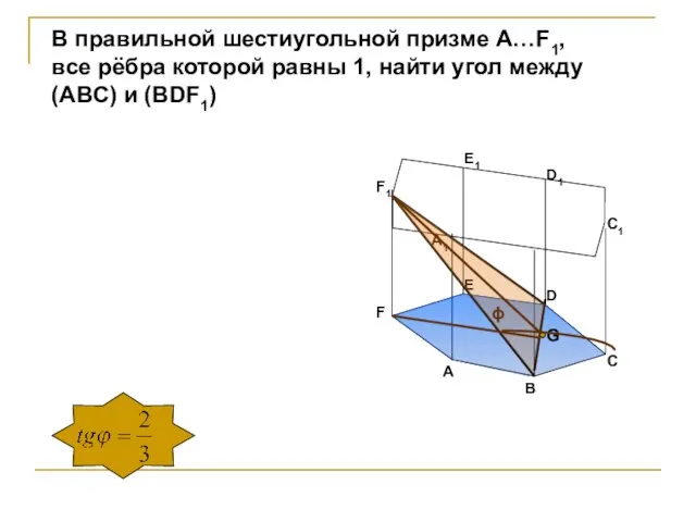 В правильной шестиугольной призме А…F1, все рёбра которой равны 1, найти угол