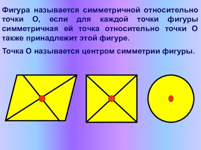 Фигура называется симметричной относительно точки О, если для каждой точки фигуры симметричная