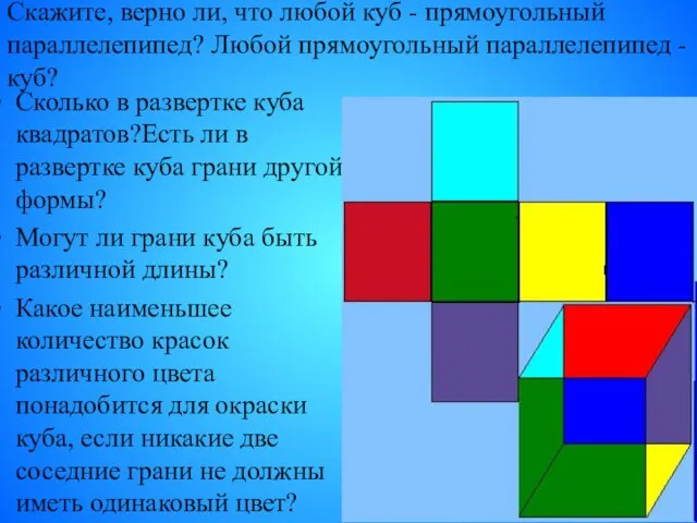 Скажите, верно ли, что любой куб - прямоугольный параллелепипед? Любой прямоугольный параллелепипед
