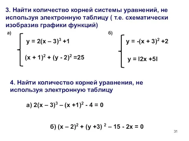 3. Найти количество корней системы уравнений, не используя электронную таблицу ( т.е.