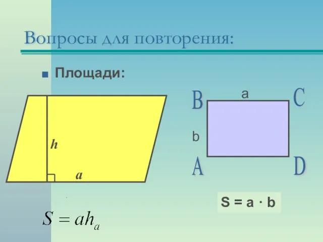 Площади: А В С D а b S = a · b