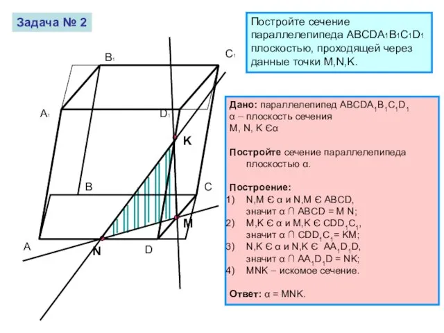 Задача № 2 Постройте сечение параллелепипеда ABCDA1B1C1D1 плоскостью, проходящей через данные точки