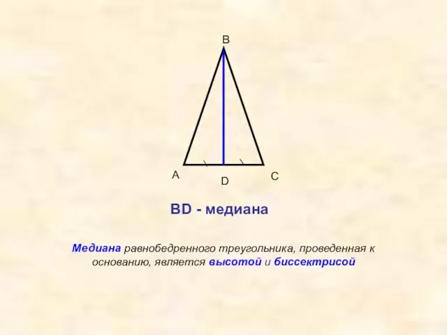 А В С D Медиана равнобедренного треугольника, проведенная к основанию, является высотой