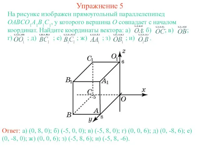 Упражнение 5 На рисунке изображен прямоугольный параллелепипед OABCO1A1B1C1, у которого вершина O