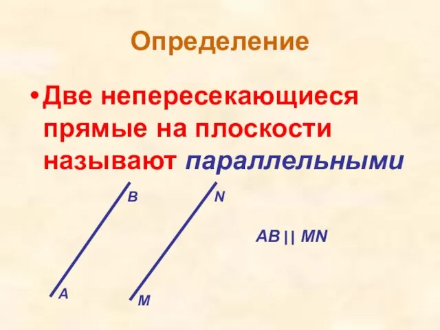 Определение Две непересекающиеся прямые на плоскости называют параллельными А В M N AB MN