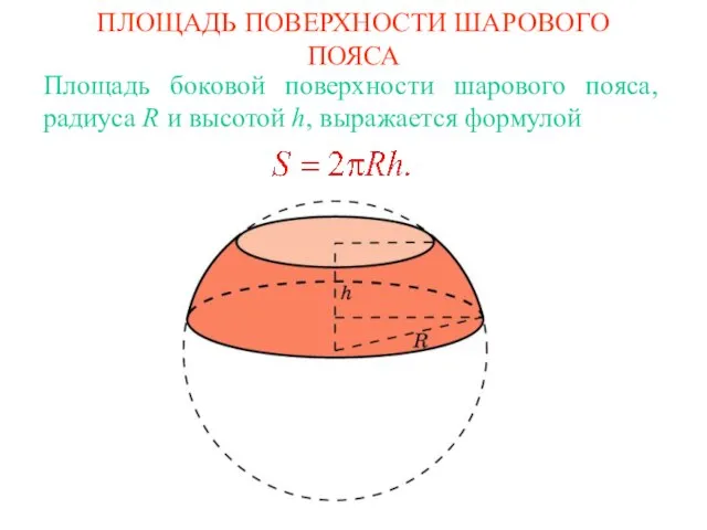 ПЛОЩАДЬ ПОВЕРХНОСТИ ШАРОВОГО ПОЯСА Площадь боковой поверхности шарового пояса, радиуса R и высотой h, выражается формулой