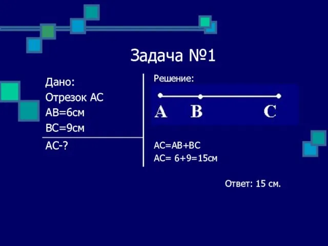 Задача №1 Решение: AC=AB+BC AC= 6+9=15см Ответ: 15 см.