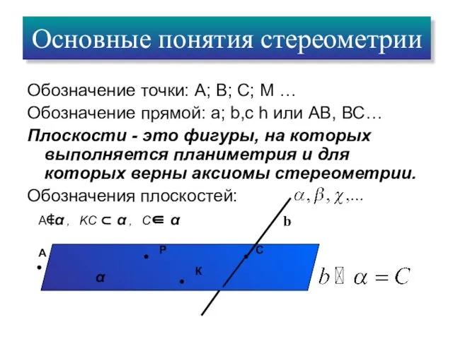 Основные понятия стереометрии Обозначение точки: А; В; С; М … Обозначение прямой: