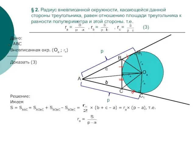 § 2. Радиус вневписанной окружности, касающейся данной стороны треугольника, равен отношению площади
