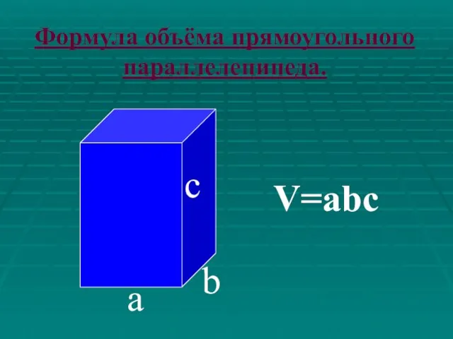 с а b V=abc Формула объёма прямоугольного параллелепипеда.