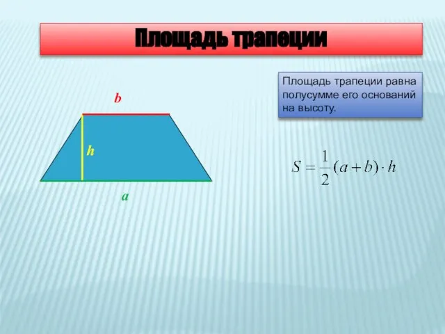 Площадь трапеции Площадь трапеции равна полусумме его оснований на высоту. h a b