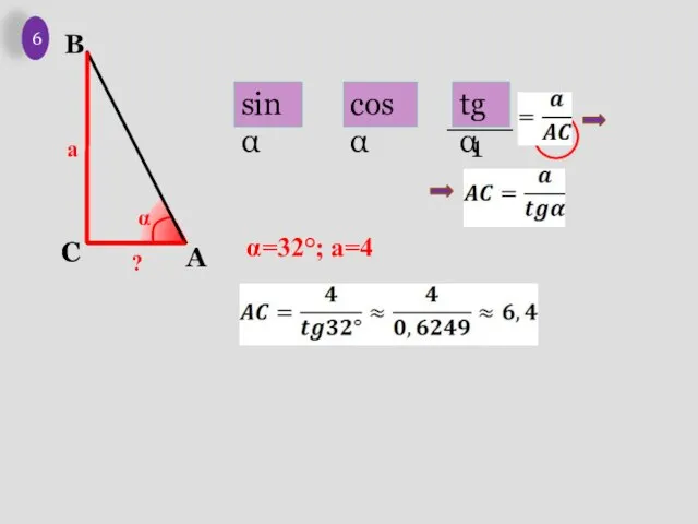 a α ? 6 α=32°; a=4 sinα cosα tgα 1