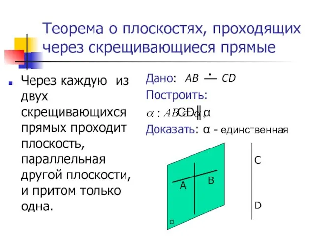 Теорема о плоскостях, проходящих через скрещивающиеся прямые Через каждую из двух скрещивающихся