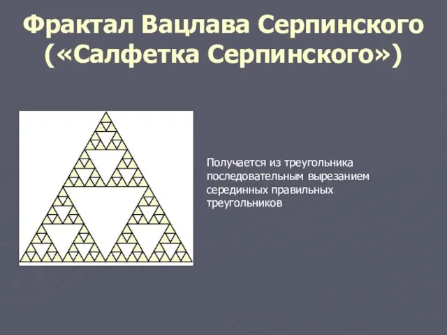 Фрактал Вацлава Серпинского («Салфетка Серпинского») Получается из треугольника последовательным вырезанием серединных правильных треугольников