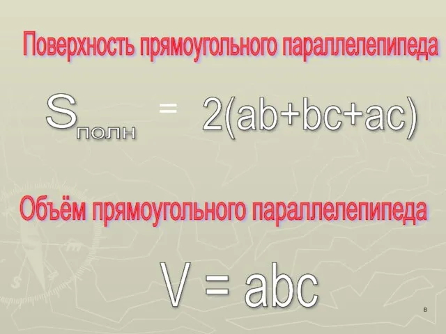 Поверхность прямоугольного параллелепипеда S полн 2(ab+bc+ac) = Объём прямоугольного параллелепипеда V = abc