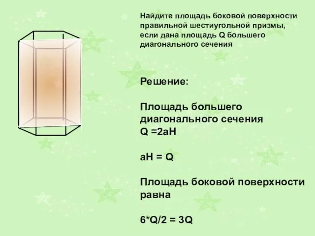 Найдите площадь боковой поверхности правильной шестиугольной призмы, если дана площадь Q большего
