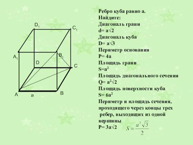 Ребро куба равно а. Найдите: Диагональ грани d= a√2 Диагональ куба D=