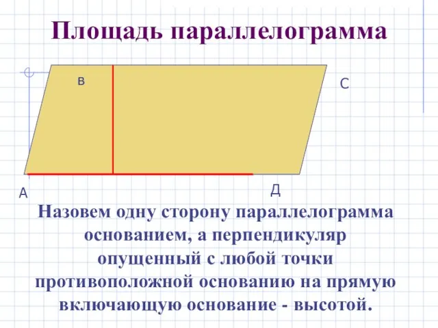 Площадь параллелограмма Назовем одну сторону параллелограмма основанием, а перпендикуляр опущенный с любой