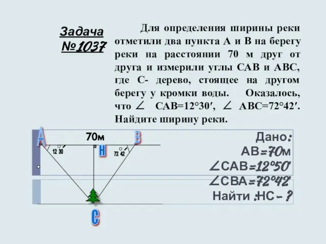 Задача №1037 Дано: АВ=70м ∠САВ=12°50′ ∠СВА=72°42′ Найти :НС- ? Для определения ширины