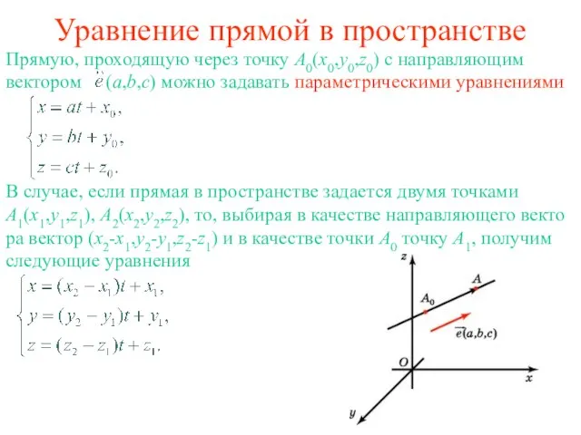 Уравнение прямой в пространстве Прямую, проходящую через точку A0(x0,y0,z0) с направляющим вектором