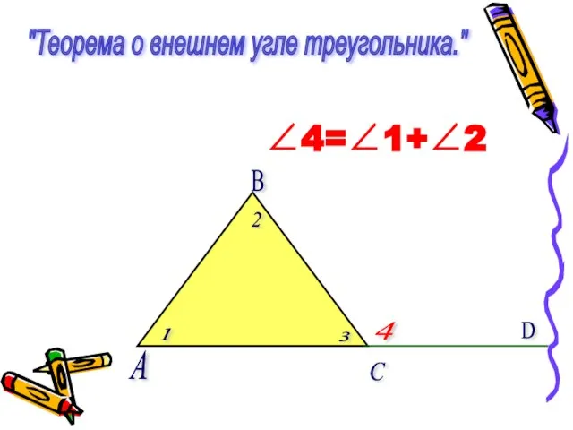 А С В D "Теорема о внешнем угле треугольника." 1 2 3 4 ∠4=∠1+∠2