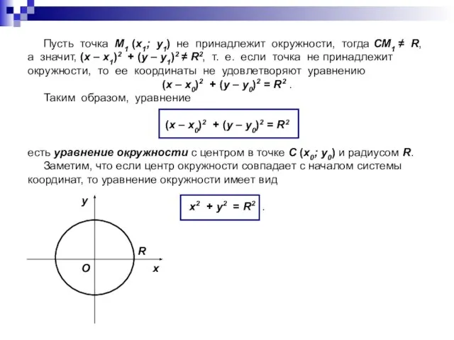 Пусть точка M1 (x1; y1) не принадлежит окружности, тогда СM1 ≠ R,