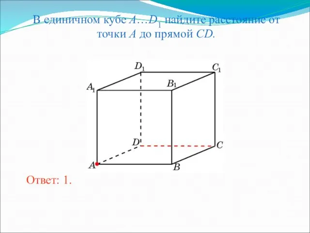 В единичном кубе A…D1 найдите расстояние от точки A до прямой CD. Ответ: 1.